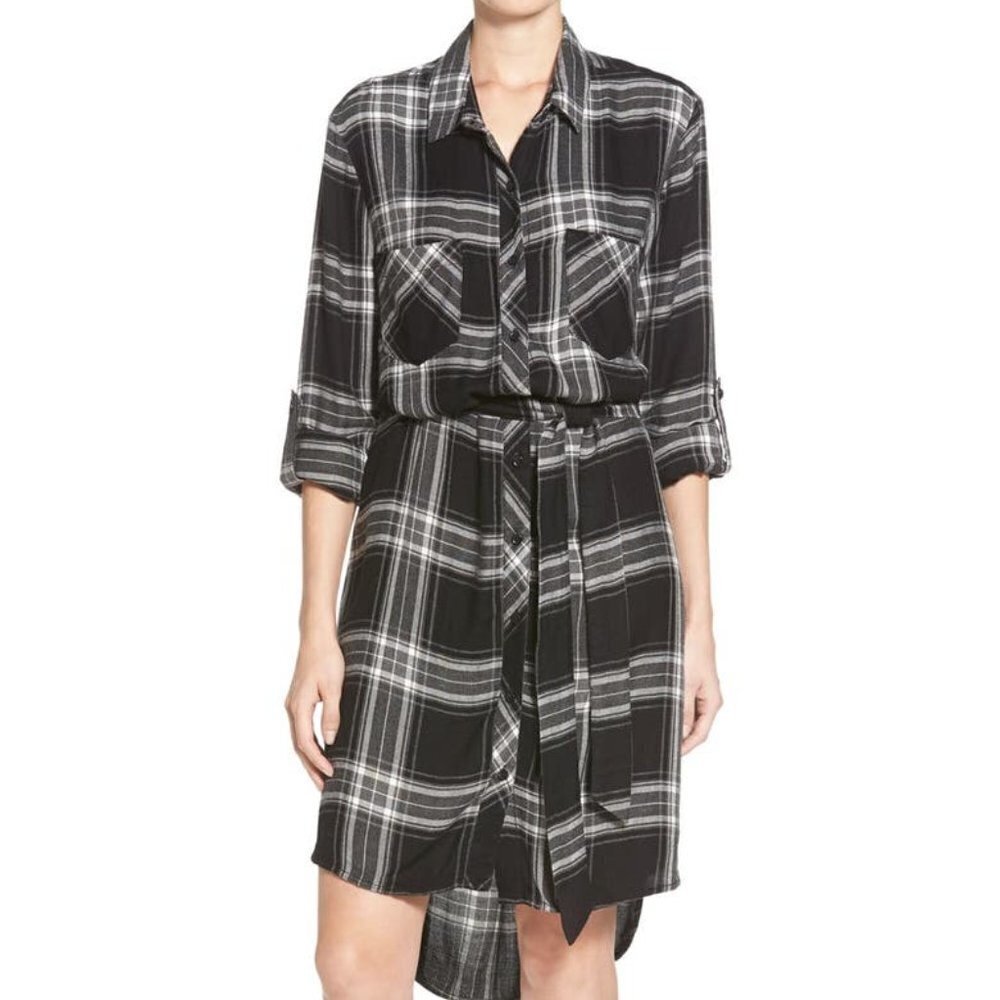 NEW Beach Lunch Lounge XS Plaid Shirt Mini Dress Roll tab sleeves High-low hem